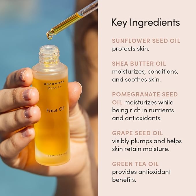 Uncommon Beauty Face Oil - Hydrating, Moisturizing, and Plumping Face Oil for Gua Sha - Featuring Jojoba Seed Oil and Sunflower Seed Oil - Vegan, Cruelty Free, Synthetic Fragrance Free, 1 FL OZ