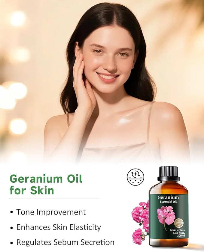 Pure Geranium Essential Oil, Mumianhua Natural Rose Geranium Oil for Reed Diffuser, Air Freshener, Massages,Relaxation, Garden Freshness, Outdoor Ambiance, Skin, Hair, Soap, Candles Making 3.38 Fl oz