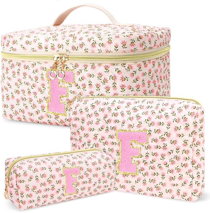 3 PCS Travel Makeup Bag Set,A-Z Initials Cotton Make up Bag Floral Quilted Cosmetic Bag for Girls and Women,Personalized Christmas Gifts,Cute Toiletry Travel Accessories Brushes Bags-F