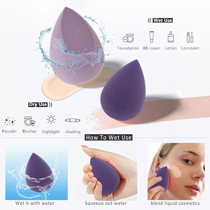 Makeup Sponges Set - Beauty sponges Blending Blenders with 1 Holder and Egg Case, Flawless for Cream, Powder and Liquid (Purple, 4Pcs+1Holder+ case)