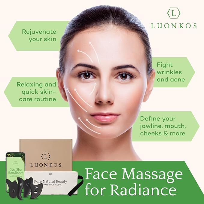 LUONKOS Gua Sha Facial Tools - Set of 4 Black - Large Bian Stone Guasha Tool for Body Massage - Lymphatic Drainage Massager with Polished Edges Glide Effortlessly for Daily Aesthetic Skincare Routine