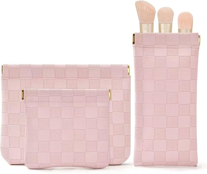 3PCS Small Makeup Bag for Purse，Waterproof Leather Portable Mini Makeup Bag,Snap Closure Organizer Pouch for Coin Cards Jewelry Lipstick Cosmetic Accessories，Small Travel Kit Storage Pouch