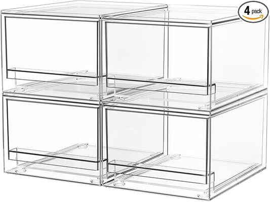 A-LuGei 【𝟰𝗣𝗖𝗦】 Acrylic Stackable Storage Drawers, 7.5" L Makeup Organizer, Bathroom Organizer and Storage, Plastic Storage Bins for Kitchen Cabinet Pantry Medicine Fridge