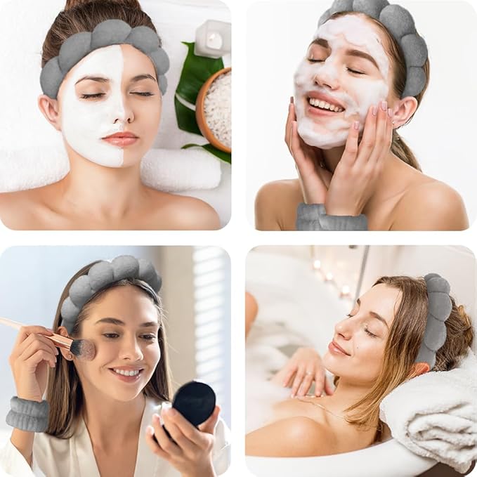 Spa Headbands for Washing Face Wristband Set Sponge Makeup Skincare Headband Wrist Towels Bubble Soft Terry Towel Cloth Hairband for Women Puffy Headwear Non Slip Thick Thin Hair Headwear (Dark gray)