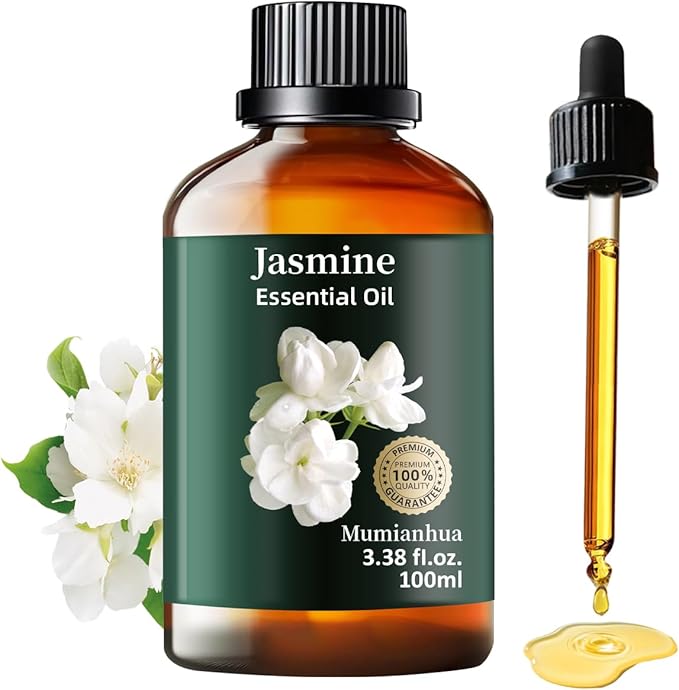 Pure Jasmine Essential Oil,Mumianhua Natural Jasmine Oil for Diffuser, Evening Atmosphere, Floral Bliss, Diffusion, Aromatherapy, Cleaning, Skin, Hair, Massages,Perfume, Candle Making 3.38 Fl Oz