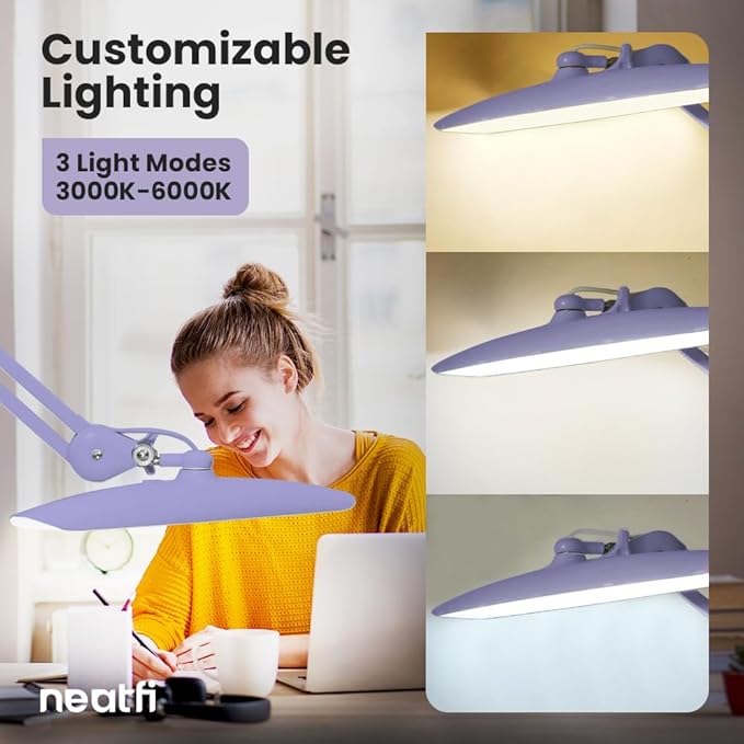 Neatfi XL 2,200 Lumens LED Task Lamp, 20W, 182 Pcs SMD LED, Dimmable, 4 Level Brightness, 3 Light Modes, Desk Light for Home, Office, Workbench (CCT, Lavender)
