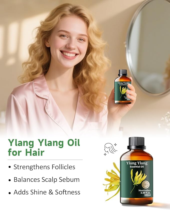 Mumianhua 100% Pure Ylang Ylang Essential Oil Natural Ylang Ylang Oil for Diffuser, Perfumes, Aromatherapy, DIY,Skin, Hair, Candle, Soap Making 3.38 Fl Oz