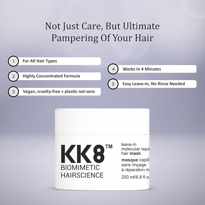 KK8 Biomimetic Hairscience Leave-In Molecular Repair Hair Mask, Professional Strength Treatment for Damaged Hair, 3.8 fl oz