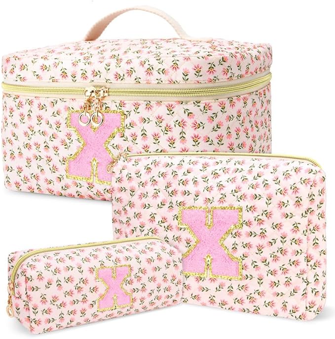 3 PCS Travel Makeup Bag Set,A-Z Initials Cotton Make up Bag Floral Quilted Cosmetic Bag for Girls and Women,Personalized Christmas Gifts,Cute Toiletry Travel Accessories Brushes Bags-X