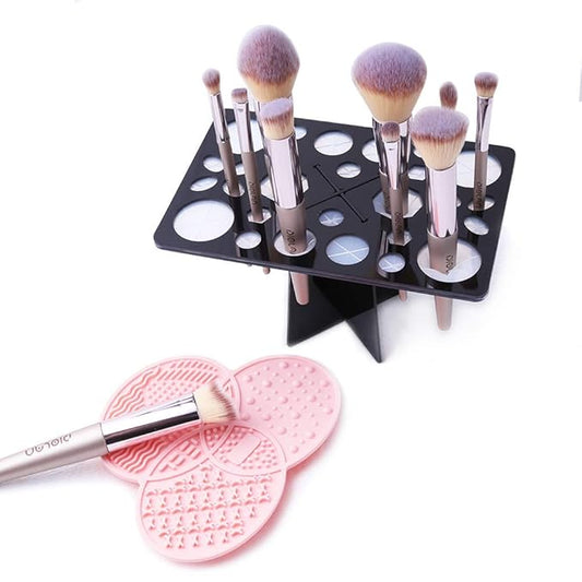 Makeup Brush Cleaning Mat & Drying Rack - 28 Holes Brush Holder, Silicone Rubber Clover Shaped Mat Cleaner - Black & Pink