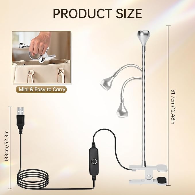 AORAEM U V Nail Lamp - Sliver 3W U V Light for Nails 35NM U V LED Nail Lamp with Gooseneck and Clamp for Gel Nails (AA-Silver)
