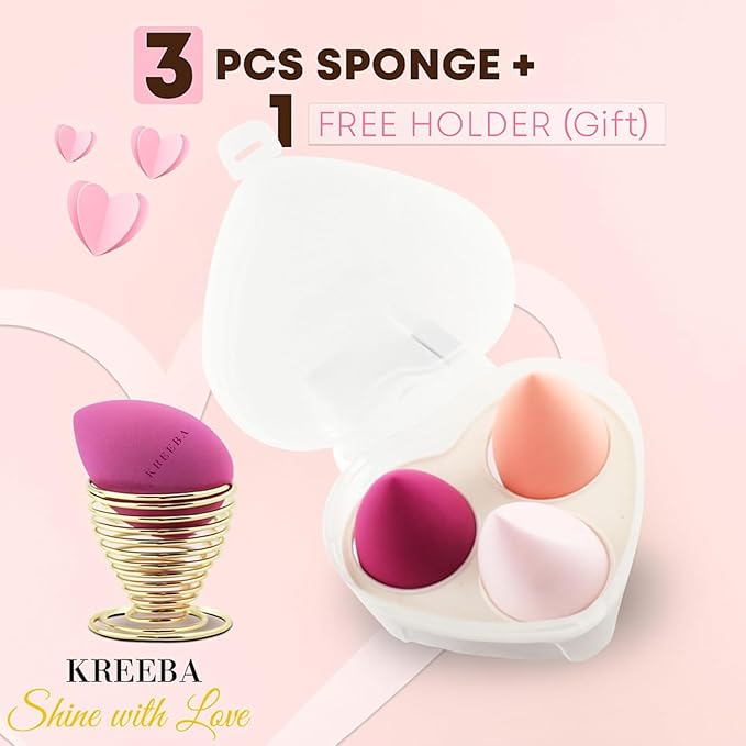 KREEBA 3 Pcs Makeup Sponge Set Comes with Heart-Shaped Travel Box-Makeup Sponges Oval Included Bonus Gold Drying Stand-Latex-Free Make Up Sponges for Face-Beauty Blender Sponge Give Flawless Finish
