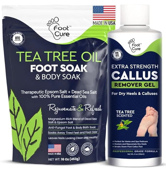 Tea Tree Foot Soak & Callus Remover Gel Kit - Extra Strength Callus Remover Gel & Foot Soak With Epsom Salts For Calluses, Dry Cracked Heels, Toenail - Pedicure for Tired Feet