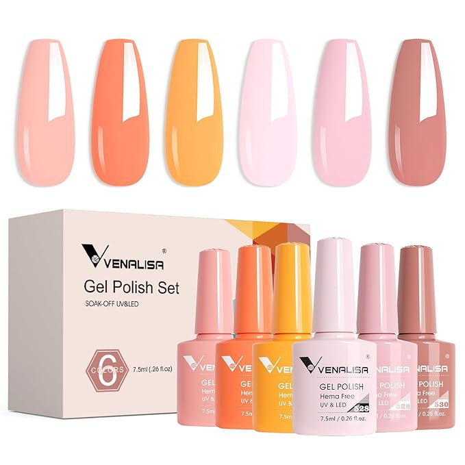 VENALISA Orange Gel Nail Polish Set, 6 Colors Coral Pink Orange Yellow Gel Polish UV Gel Soak Off For Nail Salon DIY Home Manicure