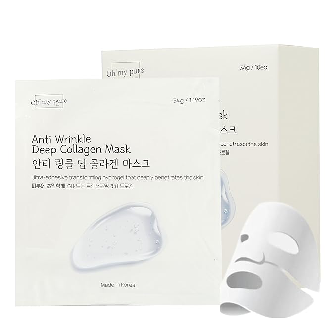 Collagen Hydrogel AntiWrinkle Deep Face Mask 10 EA Ultimate Hydration, Improves Skin Texture, Affordable Luxury, Glowing Skin, Reduces Fine Lines & Wrinkles, Made in Korea OHMYPURE (10, Deep Collagen)