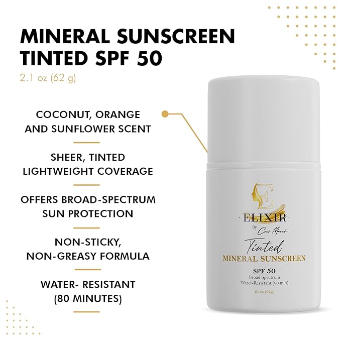 Elixir by Coco March Broad Spectrum Mineral Tinted Sunscreen SPF 50 Water-Resistant-80 min, Hydrates and Enhances Skin, Adults and Children- 2.1 oz 59 g