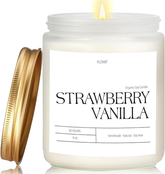 Strawberry Vanilla Highly Scented Candle for Home, 9oz Natural Soy Aromatherapy Non Toxic Candles with Essential Oil, Home Fragrance Stress Relief & Meditation Jar Candles Gifts for Women & Men