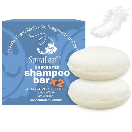 Spiraleaf Solid Shampoo Bars x2 – UNSCENTED Shampoo Bars, All Hair Types, Rich Nourishing Oils, Fragrance-Free, Dye-Free, Concentrated Formula, Crafted in the USA