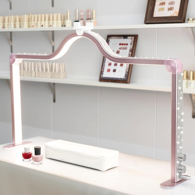 KEDAO Nail Light for Desk Half Moon Light for Nail Desk 34Inch Foldable LED Table Lamp Manicure for Table Adjustable Dimmable Half Moon Lamp for Lash Beauty Tattoos Crafts Pink