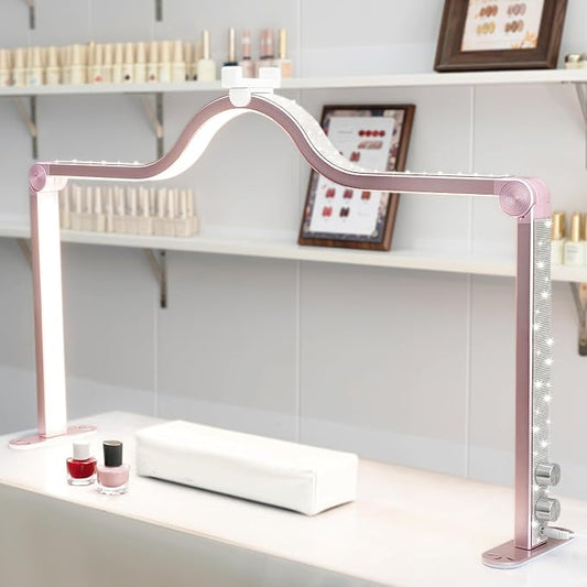 KEDAO Nail Light for Desk Half Moon Light for Nail Desk 34Inch Foldable LED Table Lamp Manicure for Table Adjustable Dimmable Half Moon Lamp for Lash Beauty Tattoos Crafts Pink