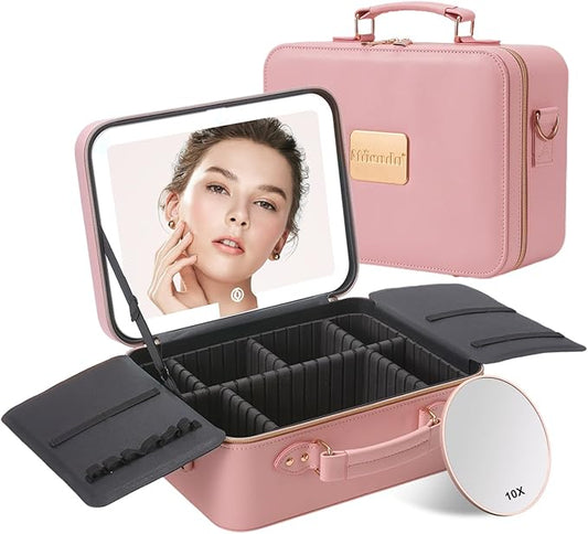 Mocado Travel Makeup Bag with LED Lighted Mirror,Makeup Case with 3 Color Lighted Setting and 10x Magnifying Mirror, Portable Storage and Adjustable Dividers (Pink with Hard Leather)