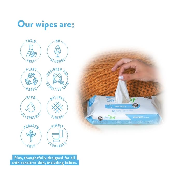 Simpleaf Flushable Wet Wipes Unscented | Plastic Free, Paraben & Alcohol Free | Hypoallergenic & Safe for Sensitive Skin | Soothing Aloe Formula | Adult Toilet Wipes (6 x 50 Counts Pack) 300 Counts