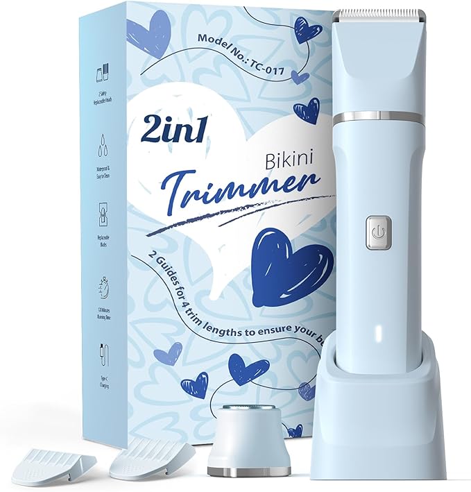 Electric Shaver for Women Gifts for Women - Rechargeable Cordless Bikini Trimmer Razor Hair Removal Groomer Wet/Dry Waterproof Pubic Body Facial Legs Arm Safe Ceramic Blade Hypoallergenic -Blue