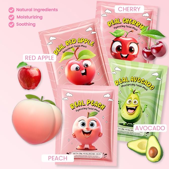evpct 8 Pack Fruit Kids Face Masks for Kids Girls Spa, Girls Kids Facial Spa Day Slumber Sleepover Birthday Party Favors Supplies Kit for Girl, Kid Friendly Facial Face Masks Bulk Skincare for Kid, 01