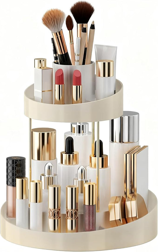 2 tier Makeup Organizer Countertop,360 Rotating Makeup Organizer for Skincare, Lipstick and Perfumes,Multi-function Cosmetic Display Cases for Vanity,Bathroom,White