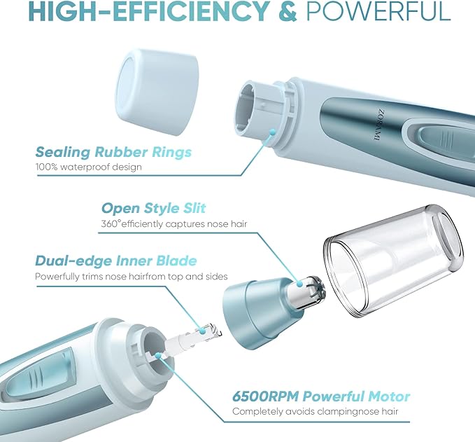 Ear and Nose Hair Trimmer Clipper - 2025 Professional Painless Eyebrow & Facial Hair Trimmer for Men Women, Battery-Operated Trimmer with IPX7 Waterproof, Dual Edge Blades for Easy Cleansing Blue