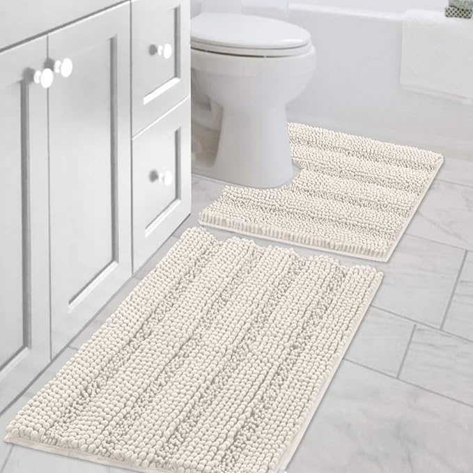 H.VERSAILTEX Bathroom Rugs Bath Rug Set 2 Piece Bathroom Contour Rug Toilet Mat Sets Non Slip Contour Bath Rug Ultra Thick Water Absorbent Striped Bath Mats Washable(20" x 32" Plus 20" x 20" U, Ivory)
