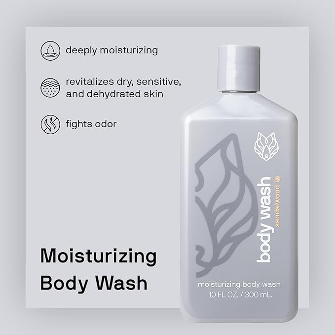 Black Wolf Moisturizing Body Wash for Men, Sandalwood - Mens Hydrating Bodywash for Dry, Dehydrated, & Sensitive Skin - Hyaluronic Acid, Aloe Vera, & Jojoba Oil Body Cleanser Help Remove Oil & Dirt