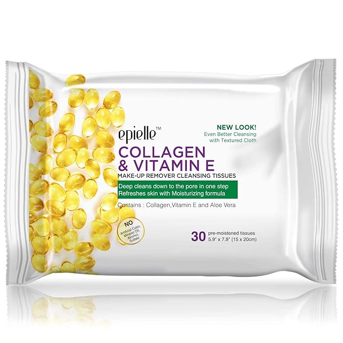 Epielle Makeup Remover Wipes, Remove Waterproof Mascara, Gentle Daily Facial Cleanser Towelettes with Collagen, Tea Tree & Aloe Vera, Stocking Stuffers, Thanksgiving Essentials, 30 Count (Pack of 6)