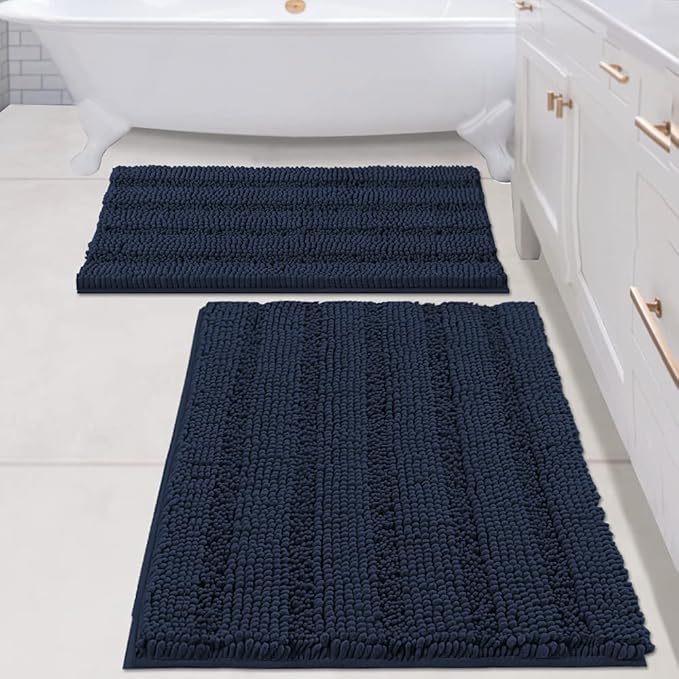 H.VERSAILTEX 2 Piece Bathroom Set - Super Absorbent Chenille Striped Bath Mats and Rugs - Non-Skid, Machine Washable Floor Mats (Navy, 24 x 36 Plus 20 x 32 Inches)