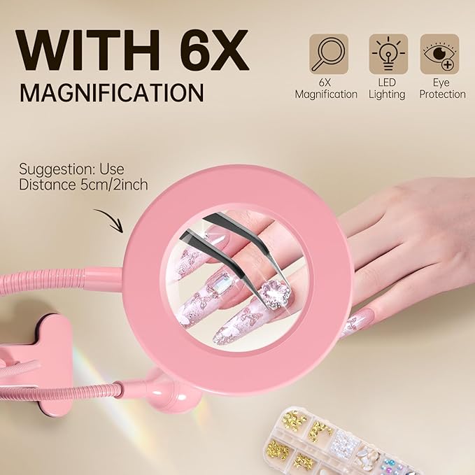 AORAEM LED UV Nail Lamp: Double-Headed Gooseneck U V Lamp for Gel Nails, LED Flash Cure Light with 6X Magnifier Home DIY Salon, Pink