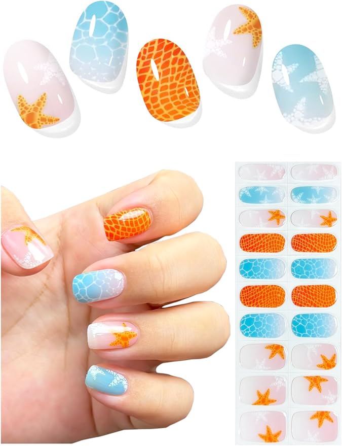 Semi Cured Gel Nail Strips (Blue Ocean), Starfish, Summer, 20 Pcs Gel Nail Wraps, Stickers, UV Light Required, Salon Quality