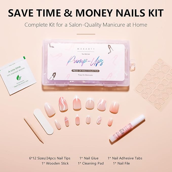 Makartt Press on Nails Kit: Short Gradient & French Glam Coffin Nail Tips in 6 Styles 144PCS, Natural Fit with Adhesive Tabs, Glue, and File, Manicure Set for Home Salon