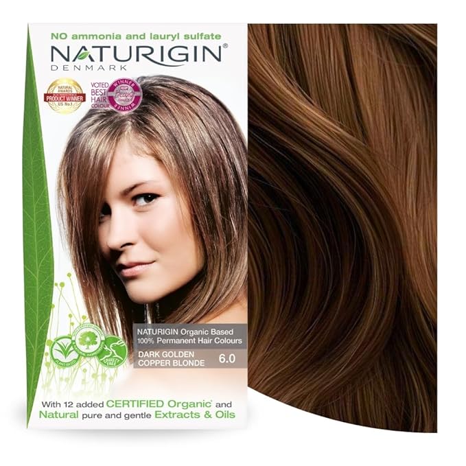 Naturigin Permanent Hair Color, 6.0 Dark Golden Copper Blonde, Ammonia Free, 100% Gray Coverage, Nourishing Natural Formula, For All Hair Types, Long-Lasting, Vegan & Cruelty-Free, 1 Pack