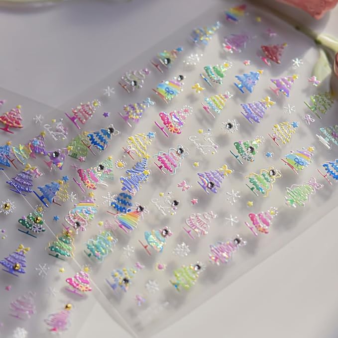 Christmas Nail Art Stickers Decals 5D Daimond Colorful Xmas Tree Nail Decals 1PCS Xmas Tree Snowflake Star Design Christmas Nail Art Supplies Manicure Stickers for Women DIY Nail Decorations