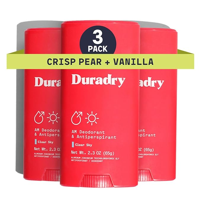Duradry Clinical-Strength Antiperspirant for Women and Men – Clean formula with natural ingredients for armpit odor and excessive sweat protection –Clear Sky (Crisp Pear + Vanilla), 3-Pack.