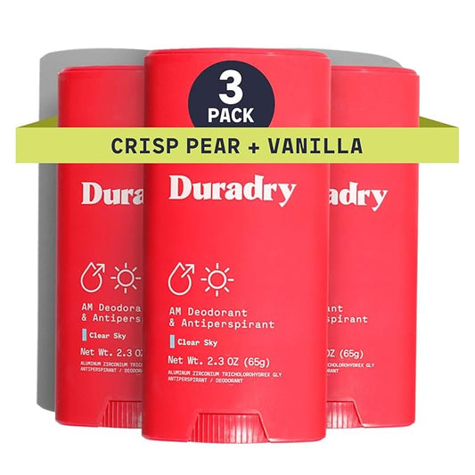 Duradry Clinical-Strength Antiperspirant for Women and Men – Clean formula with natural ingredients for armpit odor and excessive sweat protection –Clear Sky (Crisp Pear + Vanilla), 3-Pack.