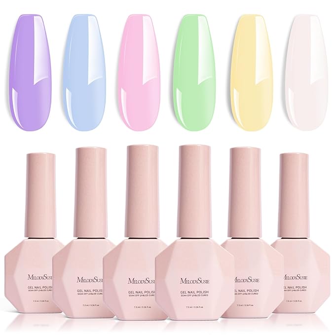 MelodySusie Macaron Pastel Gel Nail Polish Set - 6 Colors Pink Yellow Blue Green Purple White Soak Off UV LED Gel Polish Gift for Women Nail Art Manicure Salon DIY Nail Design Decoration at Home