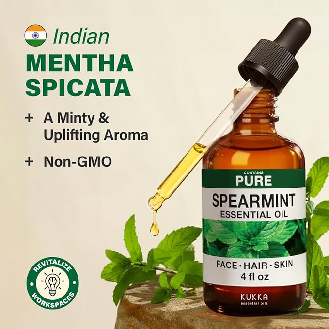KUKKA Spearmint Essential Oils - 4 Fl Oz - for Hair, Skin, Diffuser, Aromatherapy & DIY Soap Making Scent