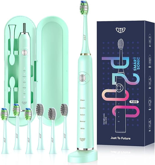 JTF Sonic Electric Toothbrush - with 6 Brush Heads and Travel Case, Power Toothbrushes Fast Charging for 60 Days Use, 5 Modes Adult Electronic Toothbrush, Green