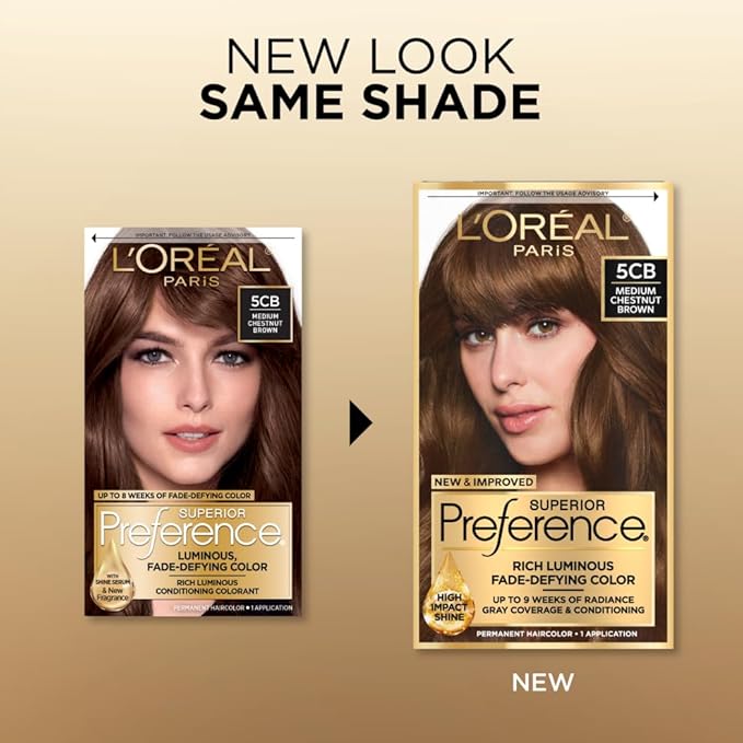 L'Oreal Paris Superior Preference Luminous Fade-Defying Permanent Hair Color, Hair Dye For Up to 9 Weeks of Radiance, Medium Chestnut Brown 5CB, 1 Hair Dye Kit