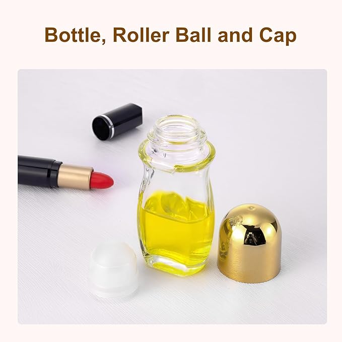 4 Pack 50mL Clear Glass Roller Bottles for Deodorant, Essential Oil Roll On Bottles, Leak-Proof Refillable Rollerball Containers with Golden Caps, Travel DIY Perfume Applicator