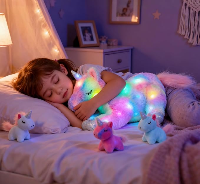 Hopearl LED Musical Stuffed Unicorn Playset Lighting Up Singing Plush Toy Mommy Unicorn with 3 Baby Unicorns in her Tummy Lullaby Animated Soothe for Mom Toddlers Girls, Rainbow, 19''