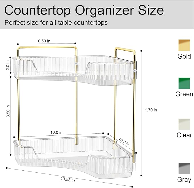GTI 2 Tier Bathroom Counter Organizer, Multi-Function Corner Bathroom Organizer Countertop,Makeup Organizer Perfume for Dresser Vanity Tray, Spice Rack Organizer for Kitchen (Clear)