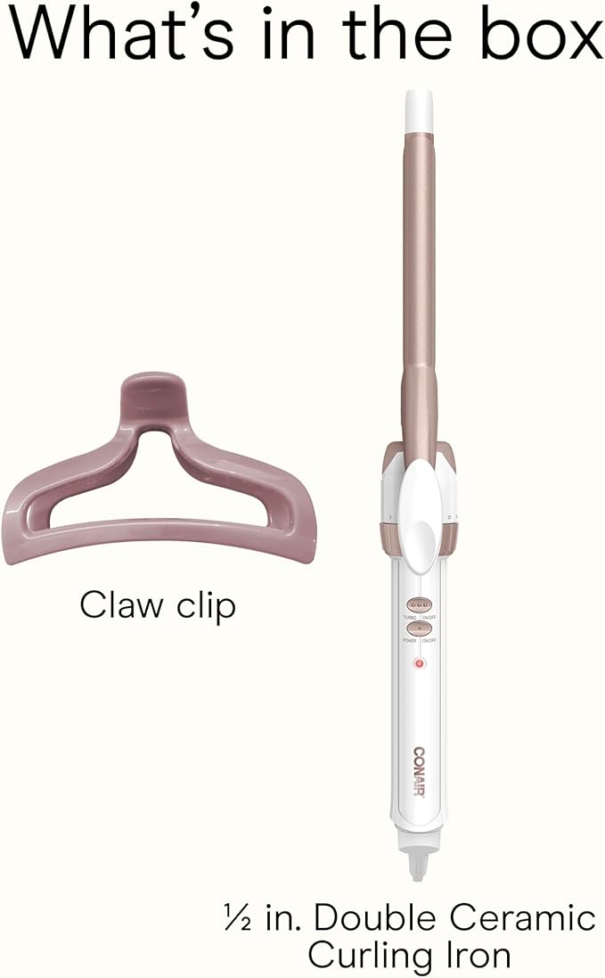 Conair Double Ceramic 1/2-Inch Curling Iron with Bonus Claw Clip, 1/2-Inch Barrel Creates Spiral Curls, Hair Curler for Use on Short to Medium Hair, White