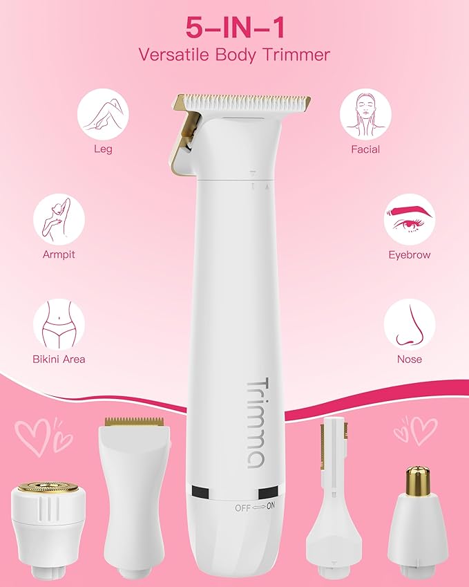 Trimma Bikini Trimmer for Women - 5 in 1 Waterproof Womens Electric Razor for Sensitive Skin, Rechargeable Portable Electric Body Razor (Leg, Arm, Bikini, Face, Nose, Eyebrow, Back)